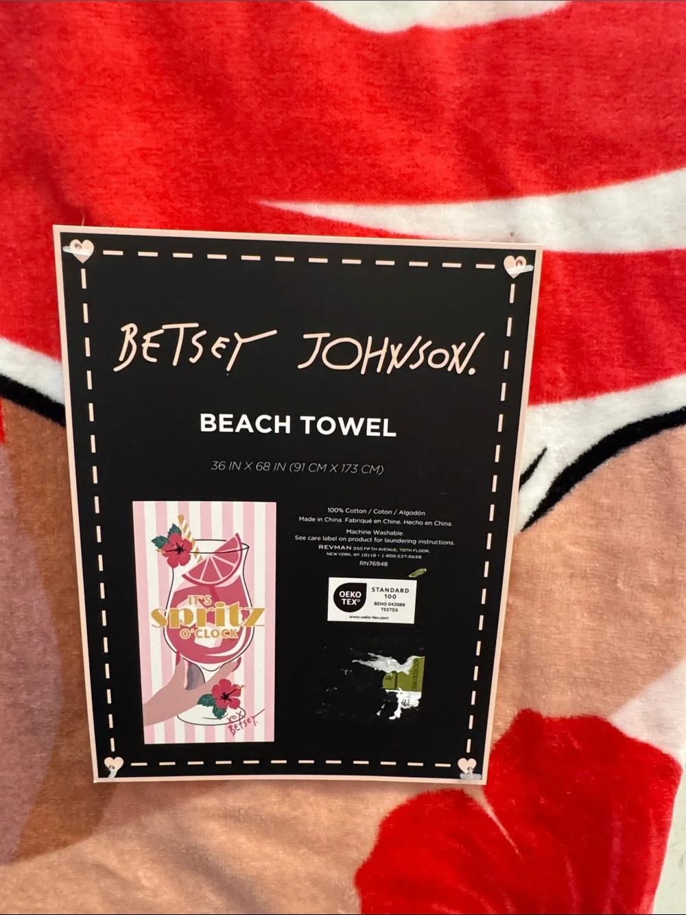 Betsey Johnson it’s spritz o’clock cocktail drink beach towel 36” x 68” NWT